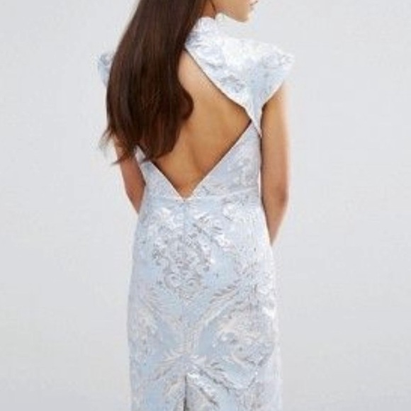 Chi Chi London jacquard, brocade, blue & silver backless and form-fitting dress - Picture 2 of 2